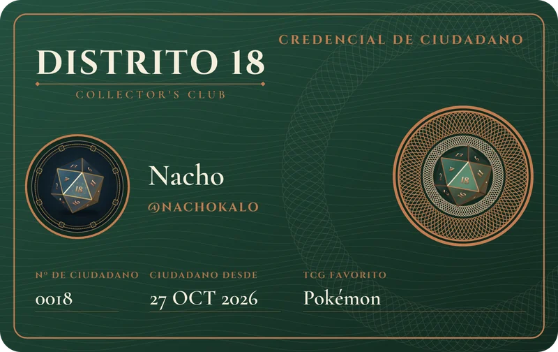 Credencial de ciudadano de ejemplo, con número 0018, fecha 27 de octubre de 2026 y Pokémon como juego favorito